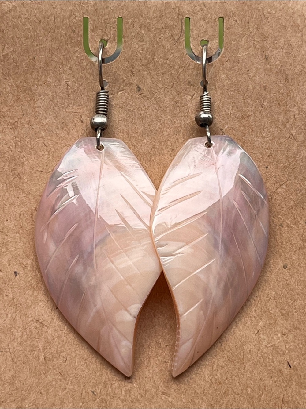 Handcrafted Pink Shell Leaf Drop Earrings